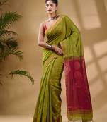 Lime Green Cotton Blend Handwoven Saree With Woven Zari Border