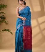 Sky Blue Cotton Blend Handwoven Saree With Woven Zari Border