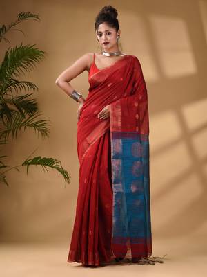 Red Cotton Blend Handwoven Saree With Woven Zari Border 1