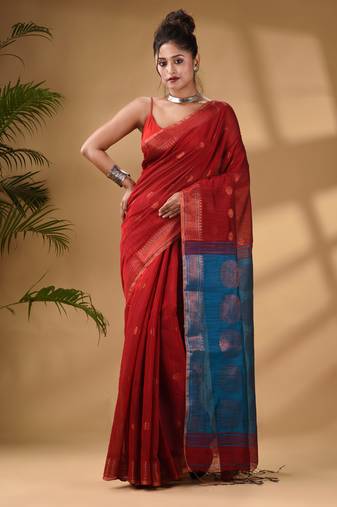 Red Cotton Blend Handwoven Saree With Woven Zari Border