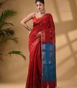 Red Cotton Blend Handwoven Saree With Woven Zari Border