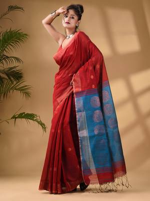 Red Cotton Blend Handwoven Saree With Woven Zari Border 2