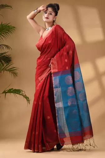 Red Cotton Blend Handwoven Saree With Woven Zari Border