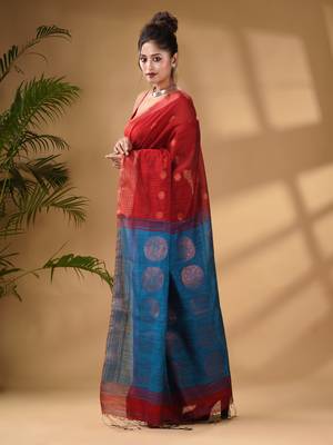 Red Cotton Blend Handwoven Saree With Woven Zari Border 3
