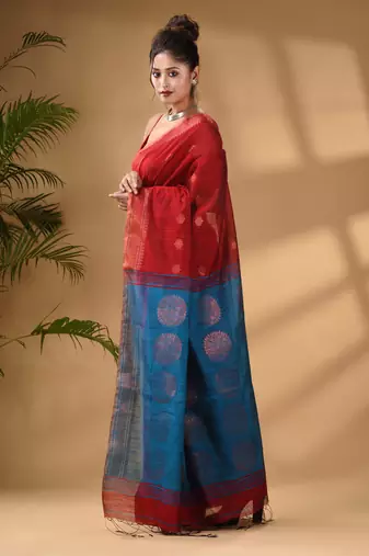 Red Cotton Blend Handwoven Saree With Woven Zari Border