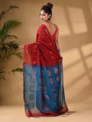 Red Cotton Blend Handwoven Saree With Woven Zari Border 4