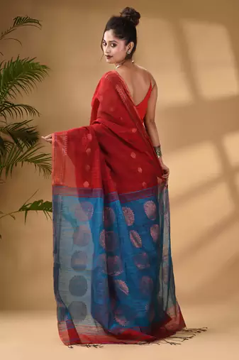 Red Cotton Blend Handwoven Saree With Woven Zari Border