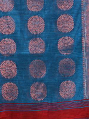 Red Cotton Blend Handwoven Saree With Woven Zari Border 5