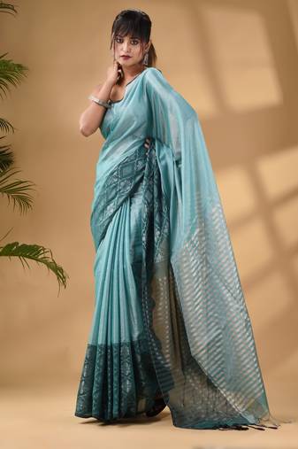 Teal Tissue Handwoven Saree With Texture Border