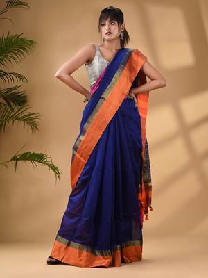 Blue Cotton Blend Handwoven Saree With Stripes Pallu 1