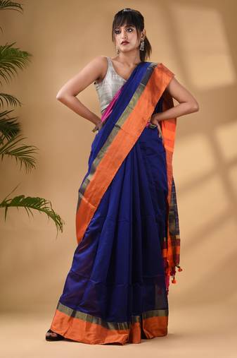 Blue Cotton Blend Handwoven Saree With Stripes Pallu