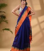 Blue Cotton Blend Handwoven Saree With Stripes Pallu