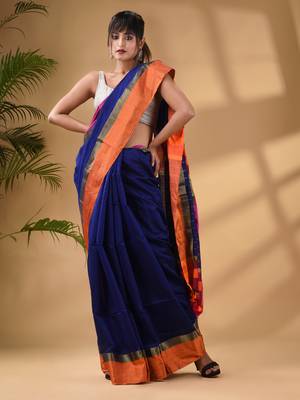 Blue Cotton Blend Handwoven Saree With Stripes Pallu 2