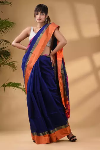 Blue Cotton Blend Handwoven Saree With Stripes Pallu