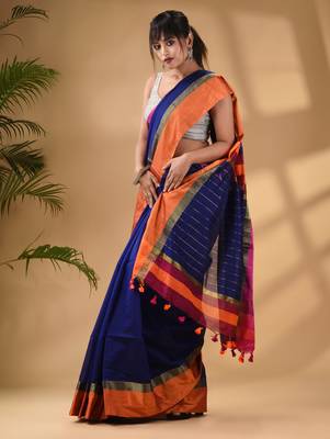 Blue Cotton Blend Handwoven Saree With Stripes Pallu 3