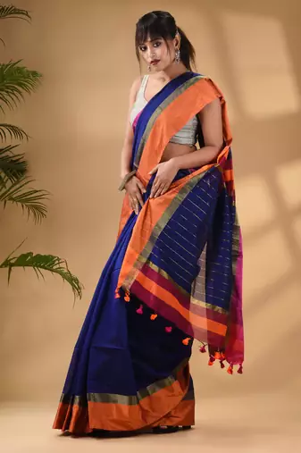 Blue Cotton Blend Handwoven Saree With Stripes Pallu