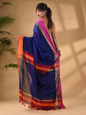 Blue Cotton Blend Handwoven Saree With Stripes Pallu 4