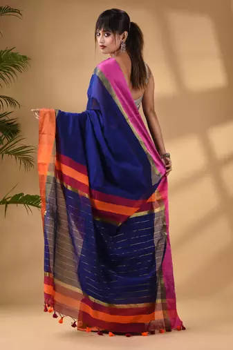 Blue Cotton Blend Handwoven Saree With Stripes Pallu