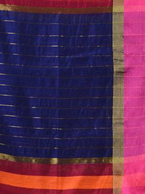 Blue Cotton Blend Handwoven Saree With Stripes Pallu 5