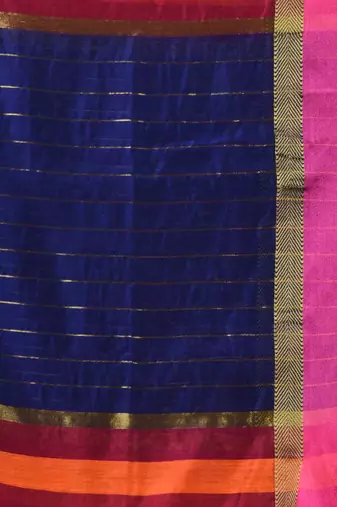 Blue Cotton Blend Handwoven Saree With Stripes Pallu