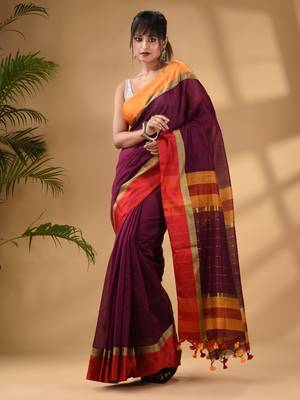 Magenta Cotton Blend Handwoven Saree With Stripes Pallu 1