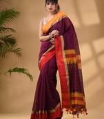 Magenta Cotton Blend Handwoven Saree With Stripes Pallu