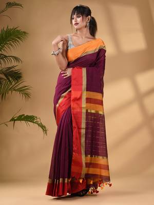 Magenta Cotton Blend Handwoven Saree With Stripes Pallu 2