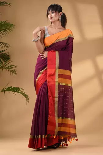 Magenta Cotton Blend Handwoven Saree With Stripes Pallu