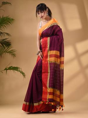 Magenta Cotton Blend Handwoven Saree With Stripes Pallu 3
