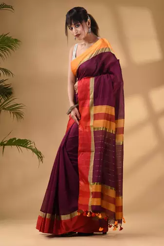 Magenta Cotton Blend Handwoven Saree With Stripes Pallu