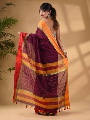 Magenta Cotton Blend Handwoven Saree With Stripes Pallu 4