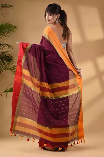 Magenta Cotton Blend Handwoven Saree With Stripes Pallu