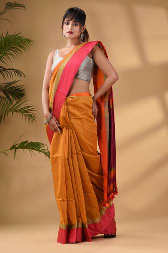 Mustard Cotton Blend Handwoven Saree With Stripes Pallu