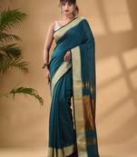 Teal Cotton Handwoven Soft Saree With Zari Border