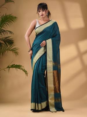 Teal Cotton Handwoven Soft Saree With Zari Border 2