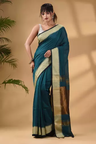 Teal Cotton Handwoven Soft Saree With Zari Border