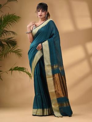 Teal Cotton Handwoven Soft Saree With Zari Border 3