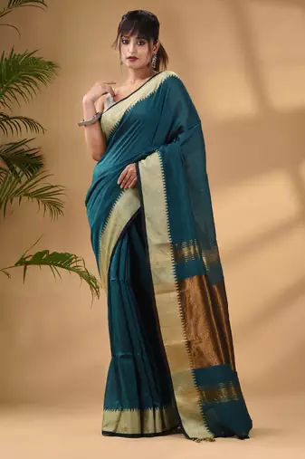 Teal Cotton Handwoven Soft Saree With Zari Border