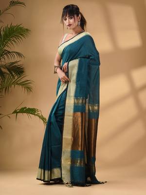 Teal Cotton Handwoven Soft Saree With Zari Border 4