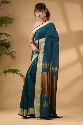 Teal Cotton Handwoven Soft Saree With Zari Border
