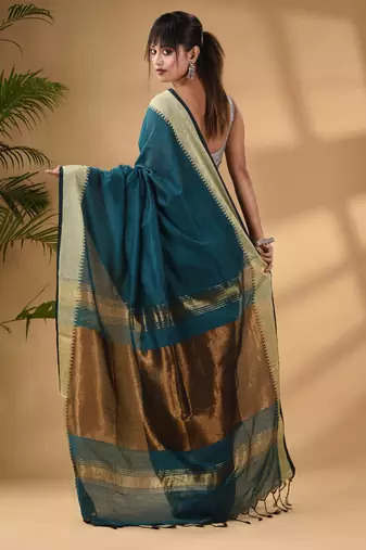 Teal Cotton Handwoven Soft Saree With Zari Border