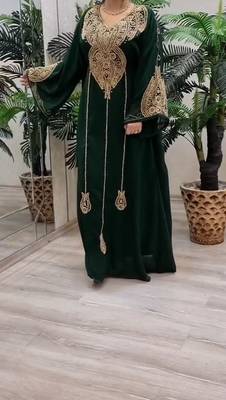 Green Zari Stone Work Georgette Islamic Style Beads Embedded Partywear Kaftan Long Gown Evening wear Dubai kaftan 1