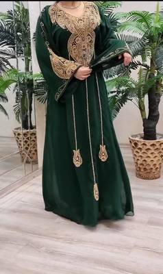 Green Zari Stone Work Georgette Islamic Style Beads Embedded Partywear Kaftan Long Gown Evening wear Dubai kaftan 2
