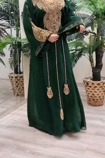 Green Zari Stone Work Georgette Islamic Style Beads Embedded Partywear Kaftan Long Gown Evening wear Dubai kaftan