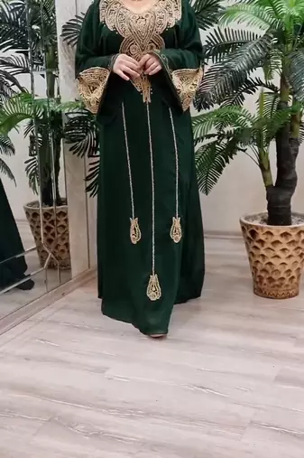 Green Zari Stone Work Georgette Islamic Style Beads Embedded Partywear Kaftan Long Gown Evening wear Dubai kaftan
