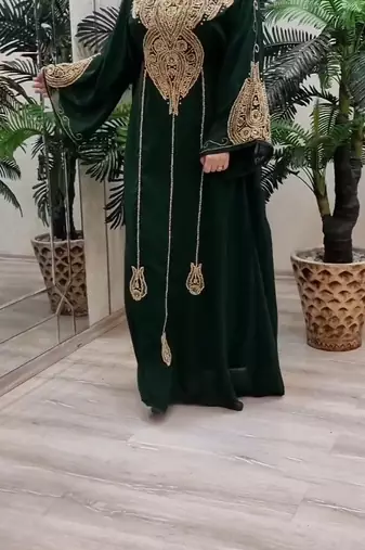 Green Zari Stone Work Georgette Islamic Style Beads Embedded Partywear Kaftan Long Gown Evening wear Dubai kaftan