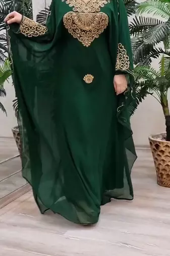 Dark Green Georgette Kaftan with Green Stone and Zari Emboidery