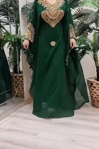Dark Green Georgette Kaftan with Green Stone and Zari Emboidery