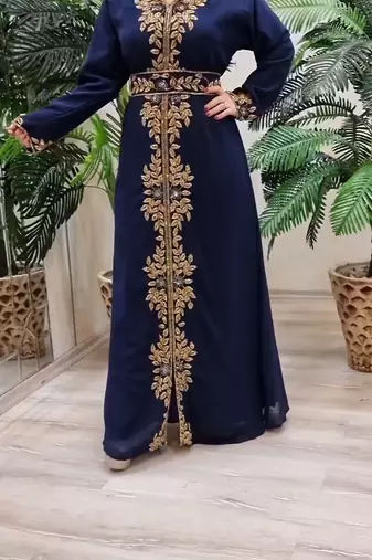 NAVE BLUE ZARI STONE WORK GEORGETTE ISLAMIC STYLE BEADS EMBEDDED PARTYWEAR KAFTAN LONG GOWN EVENING WEAR DUBAI KAFTAN