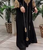 BLACK ZARI STONE WORK GEORGETTE ISLAMIC STYLE BEADS EMBEDDED PARTYWEAR KAFTAN LONG GOWN EVENING WEAR DUBAI KAFTAN